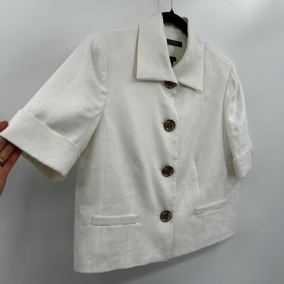 LAUREN RALPH LAUREN White 100% Linen Half Sleeve Cropped Blazer Jacket Size 8 - Picture 3 of 8